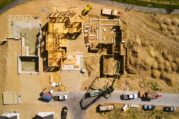 A top down aerial view of a home under construction.