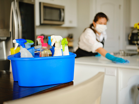 A professional housecleaner at work cleaning a home.